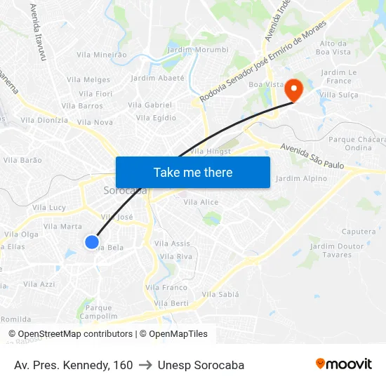 Av. Pres. Kennedy, 160 to Unesp Sorocaba map