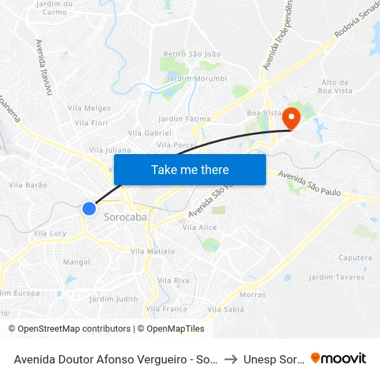 Avenida Doutor Afonso Vergueiro - Sorocaba Shopping to Unesp Sorocaba map