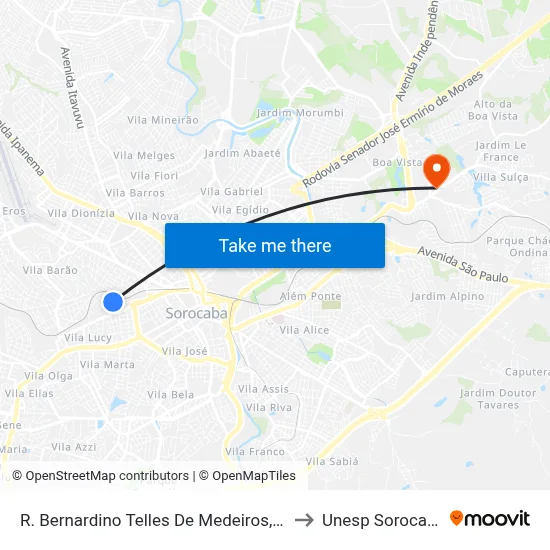 R. Bernardino Telles De Medeiros, 75 to Unesp Sorocaba map