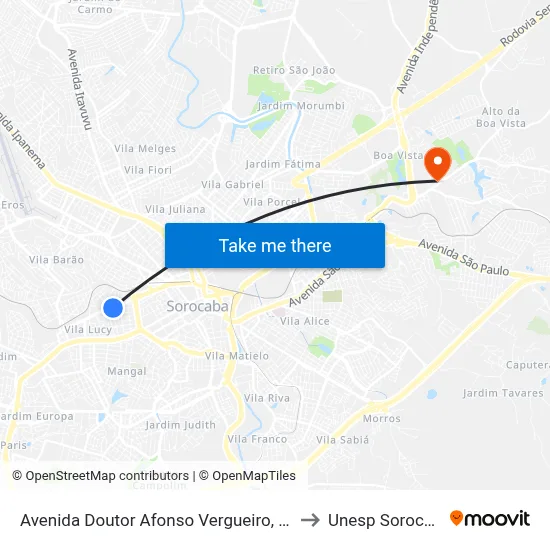Avenida Doutor Afonso Vergueiro, 2273 to Unesp Sorocaba map