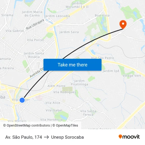 Av. São Paulo, 174 to Unesp Sorocaba map