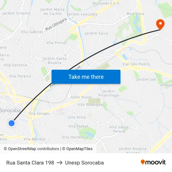 Rua Santa Clara 198 to Unesp Sorocaba map