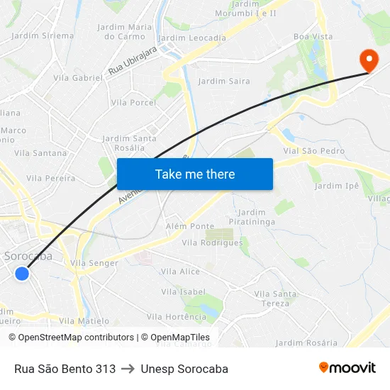 Rua São Bento 313 to Unesp Sorocaba map