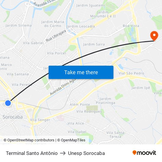 Terminal Santo Antônio to Unesp Sorocaba map