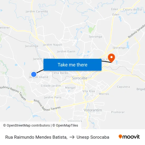Rua  Raimundo Mendes Batista, to Unesp Sorocaba map