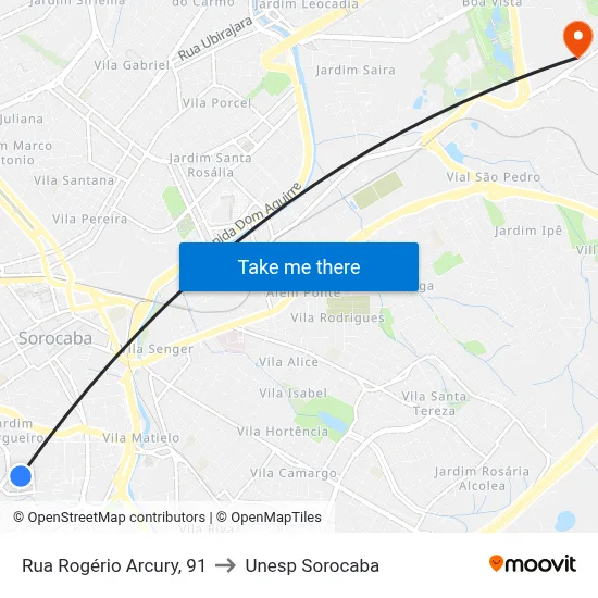 Rua Rogério Arcury, 91 to Unesp Sorocaba map
