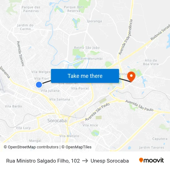 Rua Ministro Salgado Filho, 102 to Unesp Sorocaba map