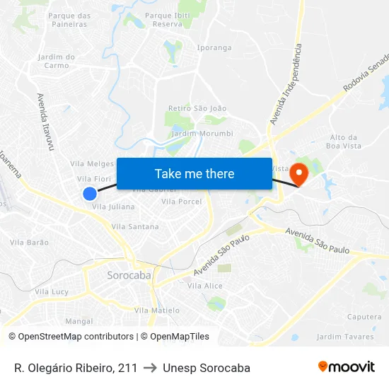 R. Olegário Ribeiro, 211 to Unesp Sorocaba map