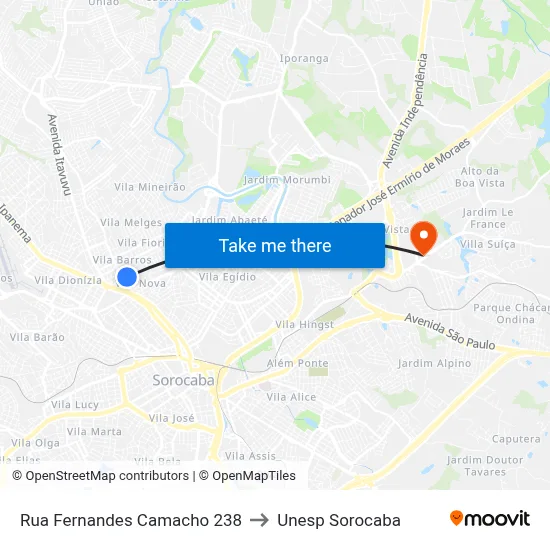 Rua Fernandes Camacho 238 to Unesp Sorocaba map