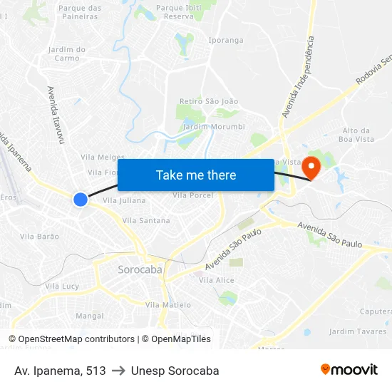 Av. Ipanema, 513 to Unesp Sorocaba map