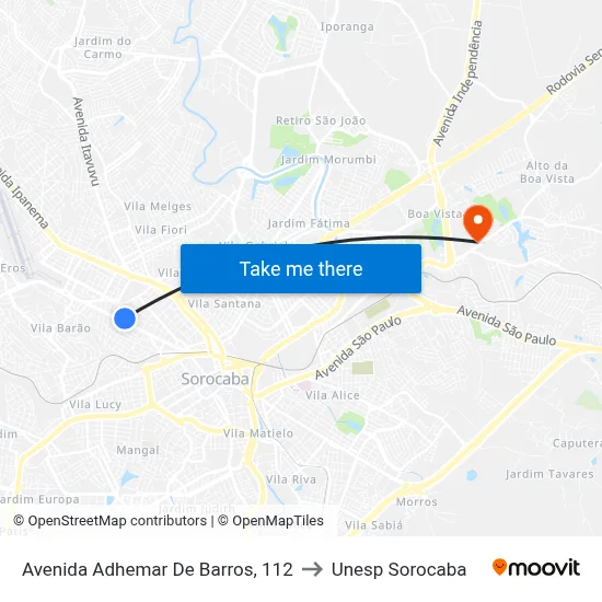 Avenida Adhemar De Barros, 112 to Unesp Sorocaba map