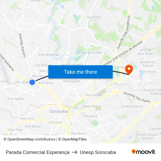 Parada Comercial Esperança to Unesp Sorocaba map