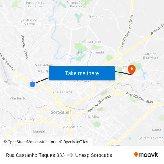 Rua Castanho Taques 333 to Unesp Sorocaba map