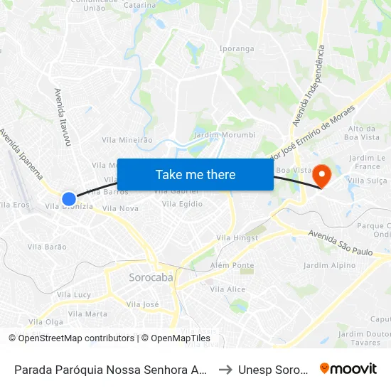 Parada Paróquia Nossa Senhora Aparecida to Unesp Sorocaba map