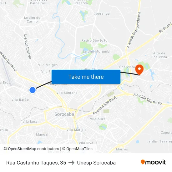 Rua Castanho Taques, 35 to Unesp Sorocaba map