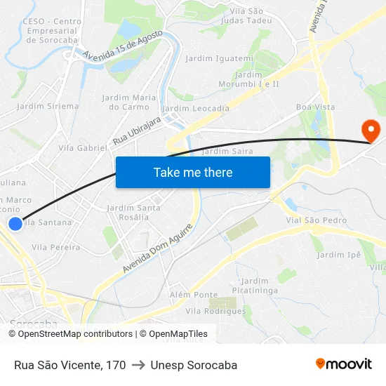 Rua São Vicente, 170 to Unesp Sorocaba map