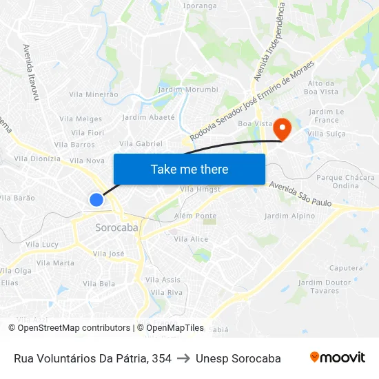 Rua Voluntários Da Pátria, 354 to Unesp Sorocaba map
