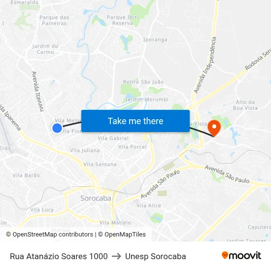 Rua Atanázio Soares 1000 to Unesp Sorocaba map