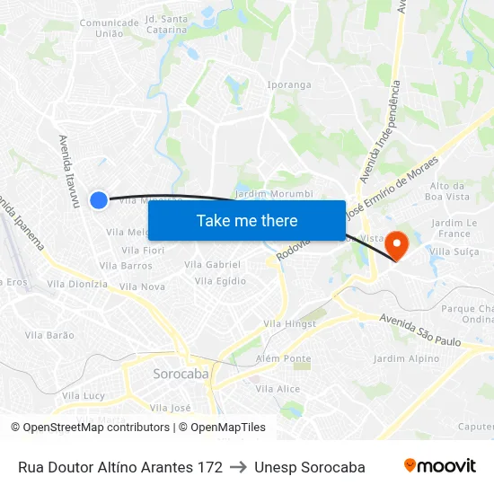 Rua Doutor Altíno Arantes 172 to Unesp Sorocaba map
