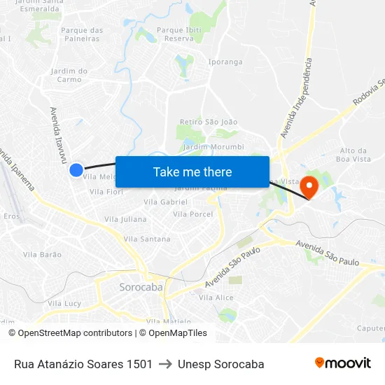 Rua Atanázio Soares 1501 to Unesp Sorocaba map