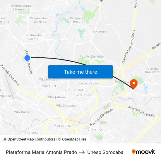 Plataforma Maria Antonia Prado to Unesp Sorocaba map
