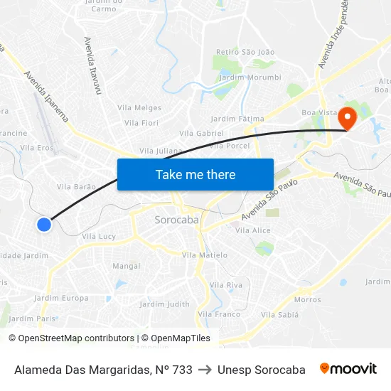 Alameda  Das Margaridas, Nº 733 to Unesp Sorocaba map