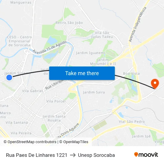 Rua Paes De Linhares 1221 to Unesp Sorocaba map