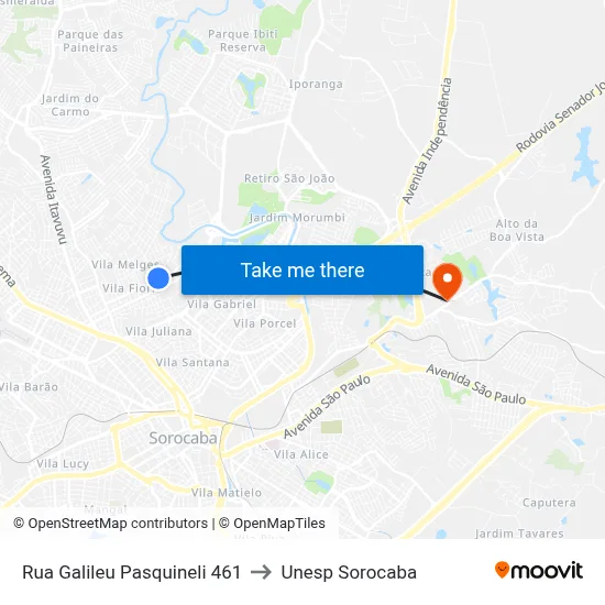 Rua Galileu Pasquineli 461 to Unesp Sorocaba map
