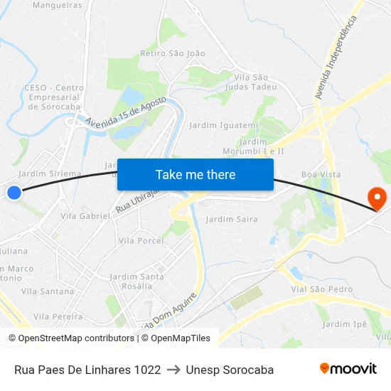 Rua Paes De Linhares 1022 to Unesp Sorocaba map