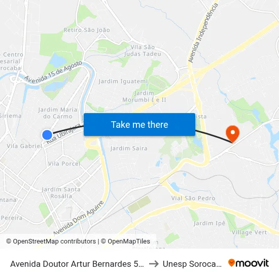 Avenida Doutor Artur Bernardes 543 to Unesp Sorocaba map