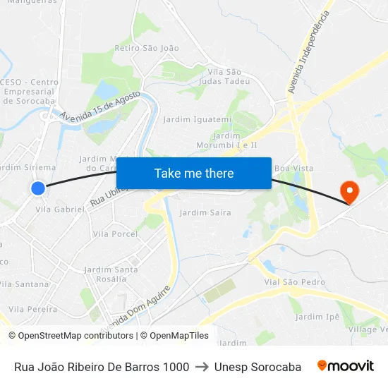 Rua João Ribeiro De Barros 1000 to Unesp Sorocaba map