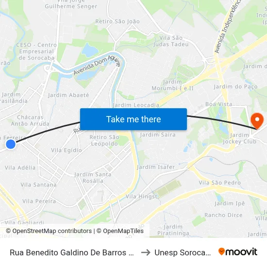 Rua Benedito Galdino De Barros 83 to Unesp Sorocaba map