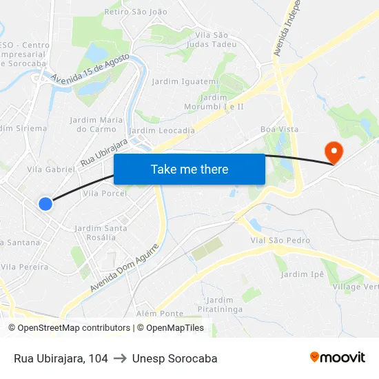 Rua Ubirajara, 104 to Unesp Sorocaba map