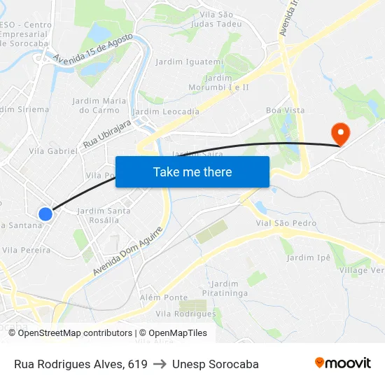 Rua Rodrigues Alves, 619 to Unesp Sorocaba map