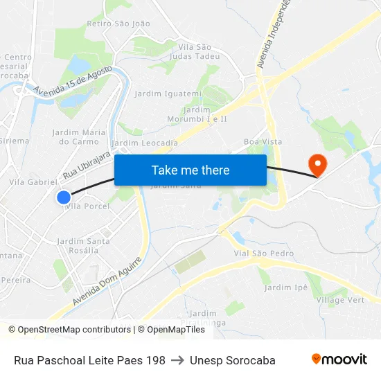 Rua Paschoal Leite Paes 198 to Unesp Sorocaba map