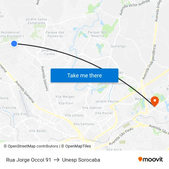 Rua Jorge Occol 91 to Unesp Sorocaba map