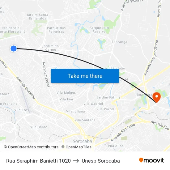Rua Seraphim Banietti 1020 to Unesp Sorocaba map