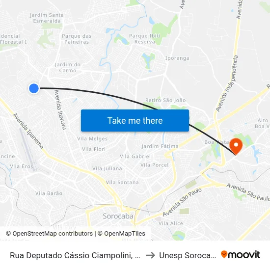 Rua Deputado Cássio Ciampolini, 106 to Unesp Sorocaba map
