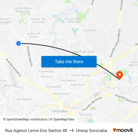 Rua Agenor Leme Dos Santos 48 to Unesp Sorocaba map