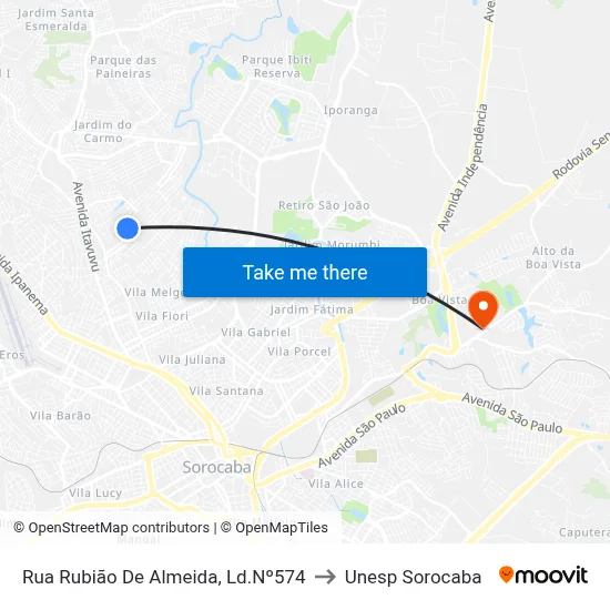 Rua  Rubião De Almeida, Ld.Nº574 to Unesp Sorocaba map