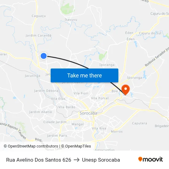 Rua Avelino Dos Santos 626 to Unesp Sorocaba map