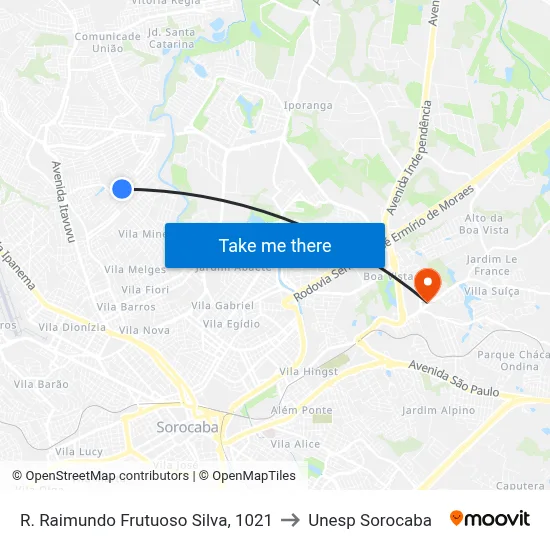 R. Raimundo Frutuoso Silva, 1021 to Unesp Sorocaba map