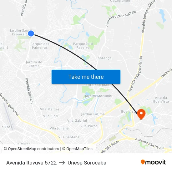 Avenida Itavuvu 5722 to Unesp Sorocaba map