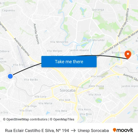 Rua  Eclair Castilho E Silva, Nº 194 to Unesp Sorocaba map