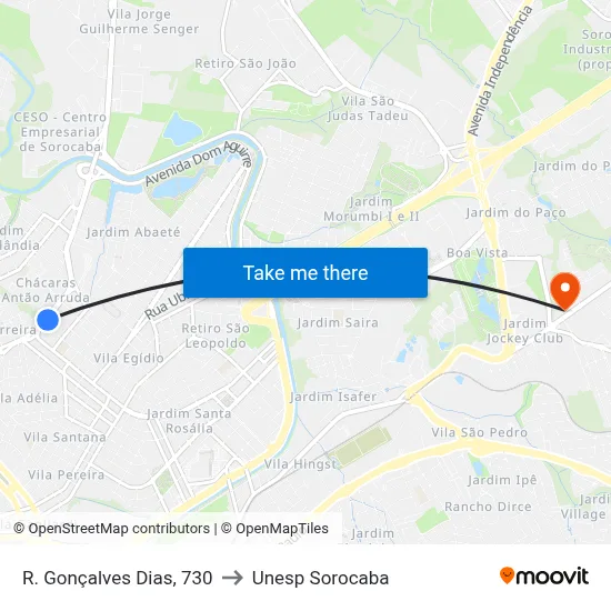 R. Gonçalves Dias, 730 to Unesp Sorocaba map