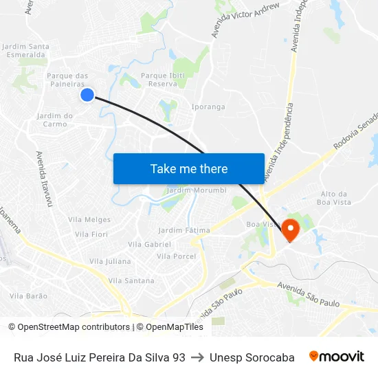 Rua José Luiz Pereira Da Silva 93 to Unesp Sorocaba map