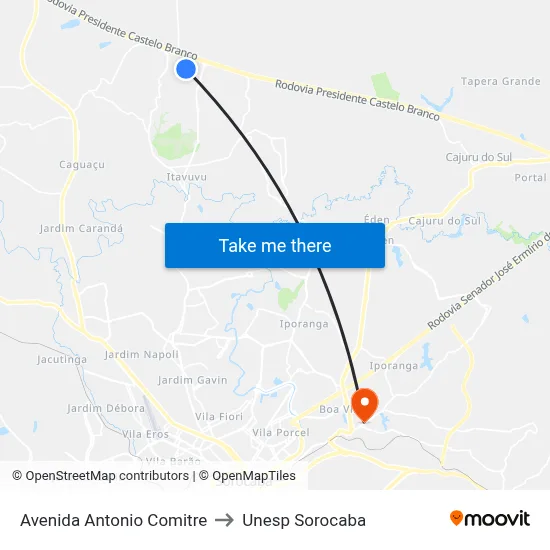 Avenida Antonio Comitre to Unesp Sorocaba map