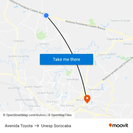 Avenida Toyota to Unesp Sorocaba map