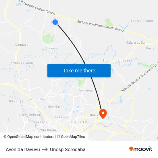 Avenida Itavuvu to Unesp Sorocaba map