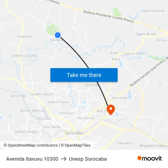 Avenida Itavuvu 10300 to Unesp Sorocaba map